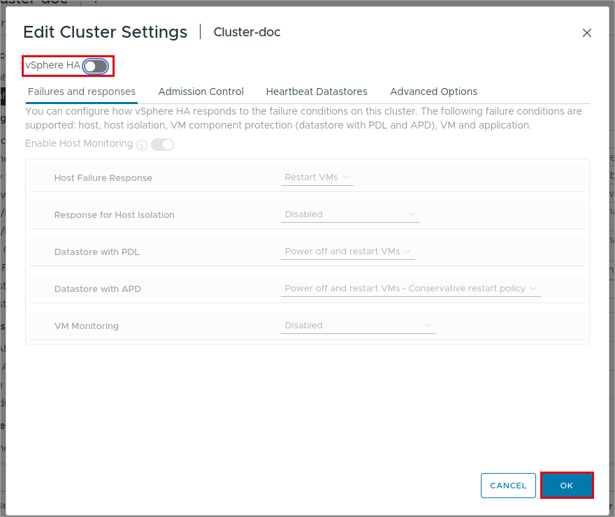 vSphere HA の無効化